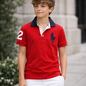 Polo Ralph Lauren Big Pony #2 Red Mesh Polo Shirt Youth L 16/18 Preppy Y2K Rugby